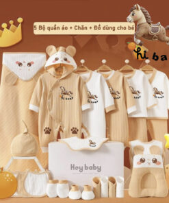 Set đồ sơ sinh 2026 quà tặng trọn bộ 26 món Cotton cao cấp hoạt tiết Ngựa cà phê xinh xắn cho bé _SQT03