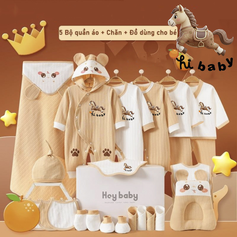 Set đồ sơ sinh 2026 quà tặng trọn bộ 26 món Cotton cao cấp hoạt tiết Ngựa cà phê xinh xắn cho bé _SQT03