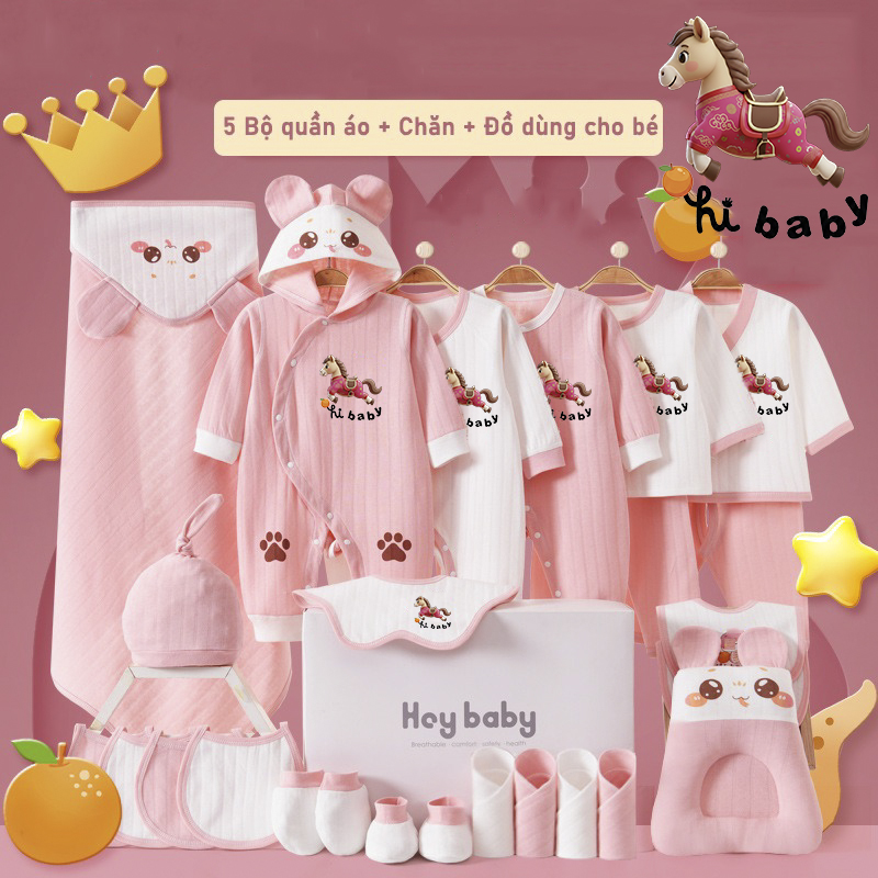 Set đồ sơ sinh quà tặng trọn bộ 26 món Cotton cao cấp hoạt tiết ngựa hồng xinh xắn cho bé -SQT04