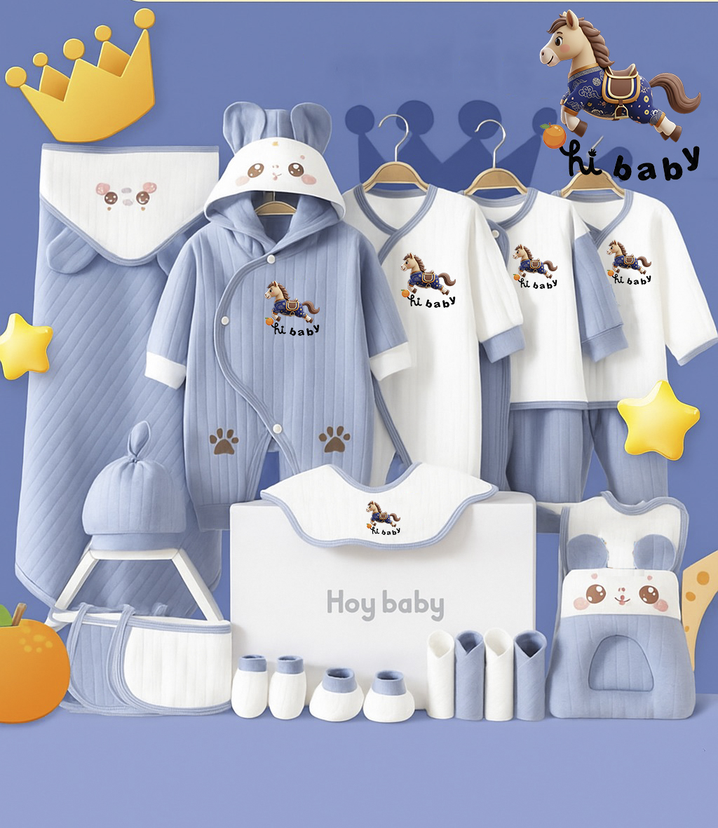 Set đồ sơ sinh 2026 quà tặng trọn bộ 26 món Cotton cao cấp hoạt tiết Ngựa xanh xinh xắn cho bé -SQT02